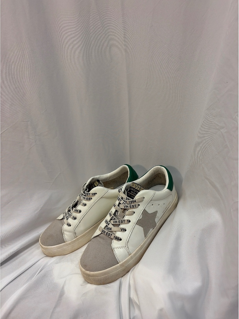 VH EST 1954 White Sneakers with Gray Star and Green Heel Accent